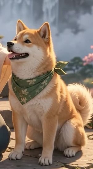 Mochi, a smiling Shiba with a green scarf
