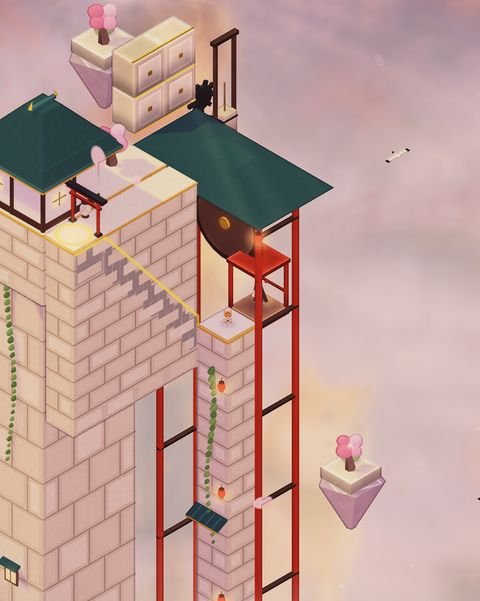 ゲーム画面:石の塔の側面をのぼる赤い木のつるべ