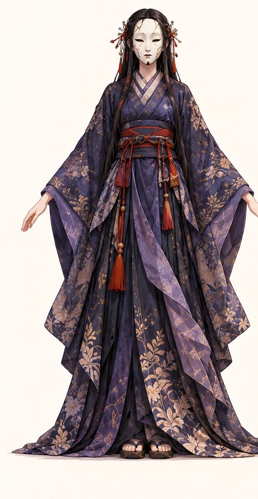藍色の着物に白い面をつけた影の女、墨