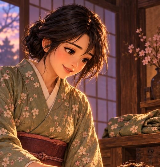 Hana handing her glowing lantern to her young daughter