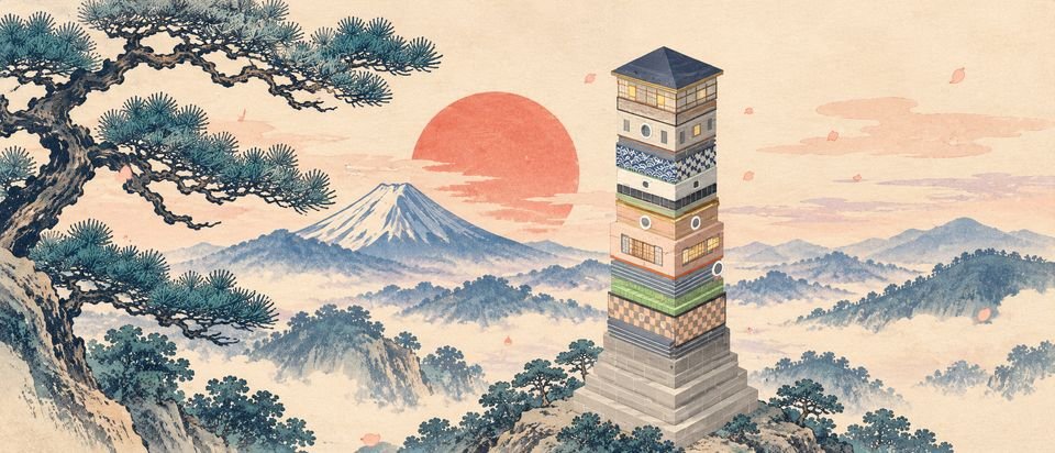 赤い太陽の下、富士山のそばにそびえる層の塔を描いた水墨画