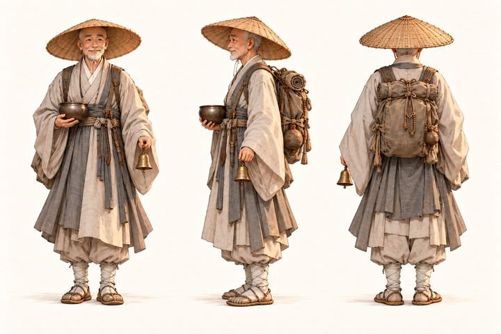 Character sheet of the wandering monk in a straw hat, three views