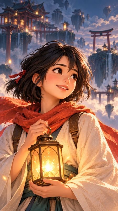 光る真鍮のランタンを掲げ、その灯りを見つめるネリ