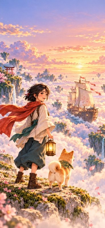 Neri and Mochi at the edge of spring, a ship waiting in the clouds.