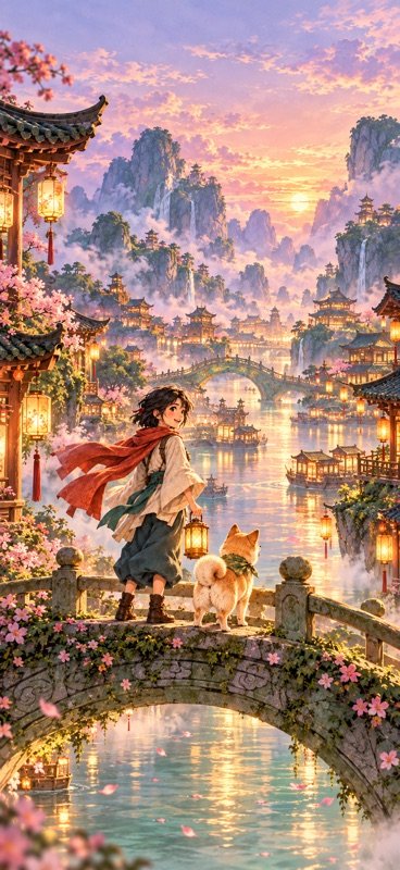 Across the sea: the lantern city of arched bridges.