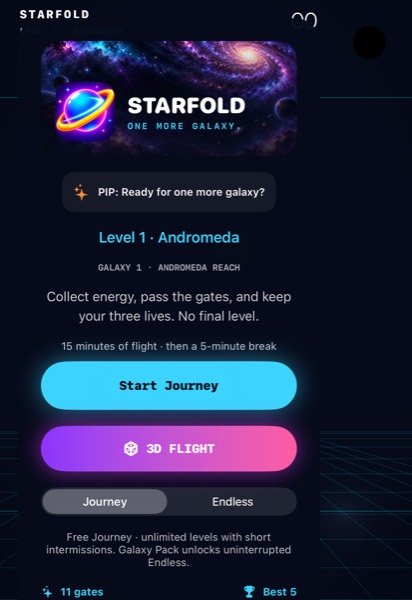 Starfold Arcade start menu with the Start Journey and 3D Flight buttons